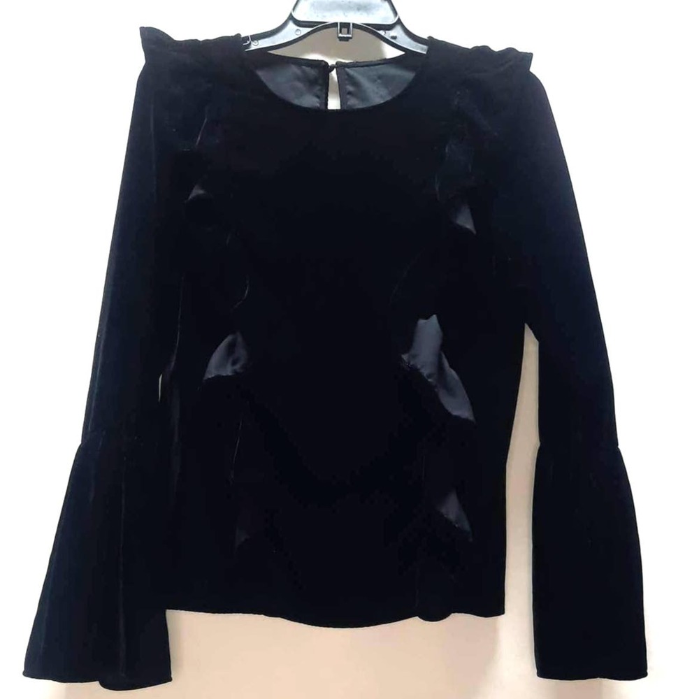 Ribbon Designs Black Velour Ruffle Long Bell Sleeves Dressy Top See measurements
